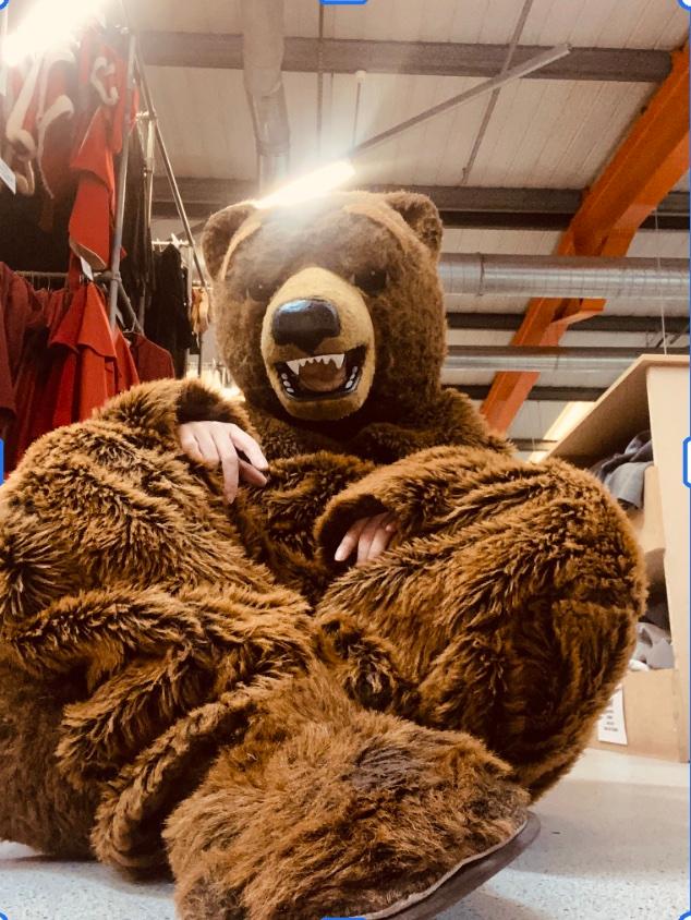 Charlotte Troy seated inside a full-body brown bear costume, human hands visible through the fur, in a warehouse space — a playful, absurdist self-portrait