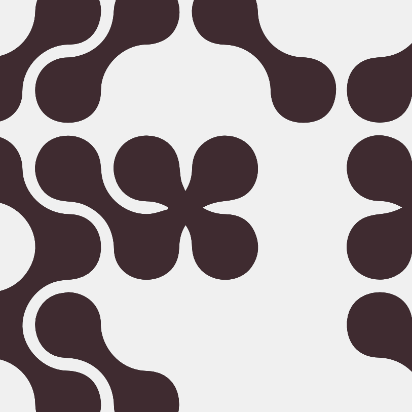 An abstract pattern of dark aubergine organic shapes on pale grey — a four-petalled flower among undulating forms, graphic and rhythmic as a textile print
