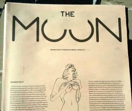 The masthead of The Moon, a feminist newspaper: beneath the title, John Berger’s words — Women watch themselves being looked at — followed by a line drawing and dense columns of critical writing